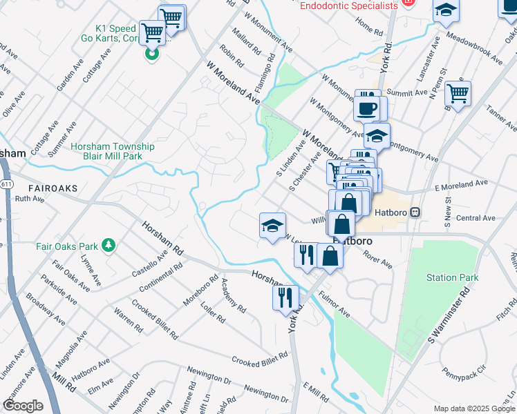 map of restaurants, bars, coffee shops, grocery stores, and more near 305 South Linden Avenue in Hatboro