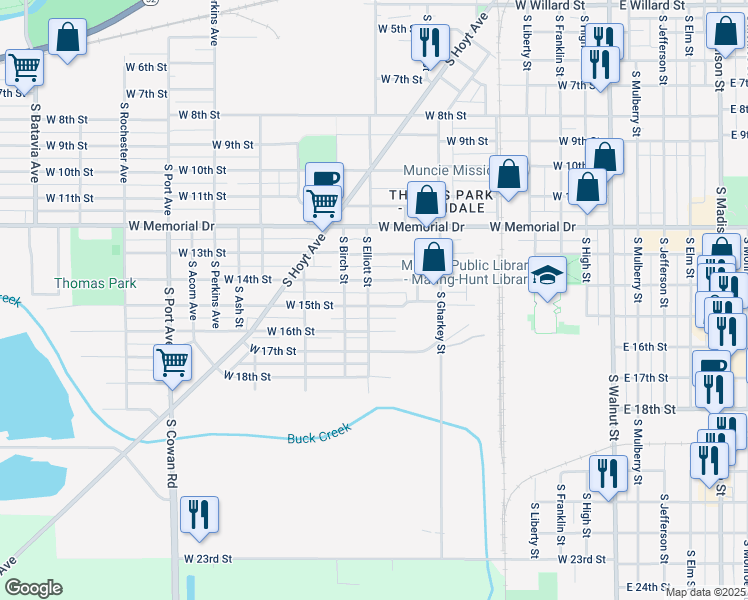 map of restaurants, bars, coffee shops, grocery stores, and more near 922 West 15th Street in Muncie