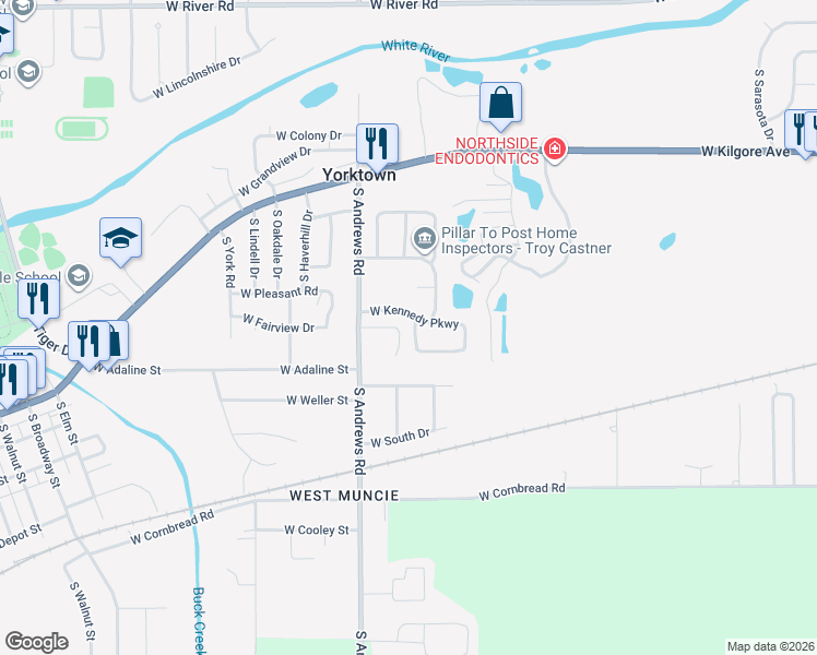 map of restaurants, bars, coffee shops, grocery stores, and more near 1905 South O'Hare Boulevard in Yorktown