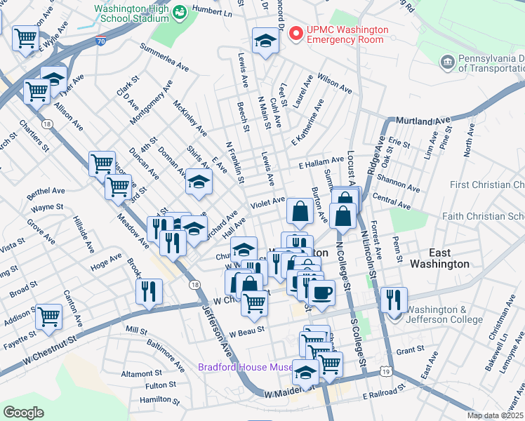 map of restaurants, bars, coffee shops, grocery stores, and more near 23 Hall Avenue in Washington