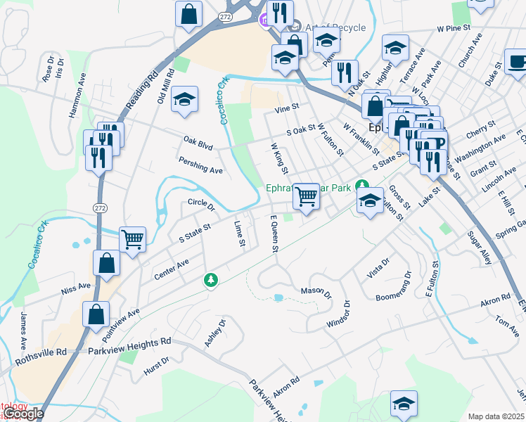 map of restaurants, bars, coffee shops, grocery stores, and more near 516 South State Street in Ephrata