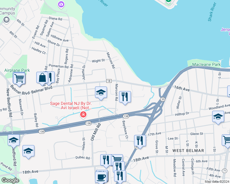 map of restaurants, bars, coffee shops, grocery stores, and more near 1415 Marconi Road in Wall Township
