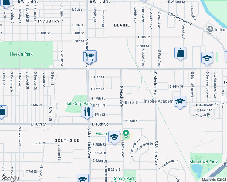 map of restaurants, bars, coffee shops, grocery stores, and more near 2009 East 14th Street in Muncie