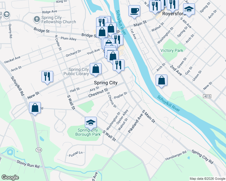 map of restaurants, bars, coffee shops, grocery stores, and more near 138 Chestnut Street in Spring City