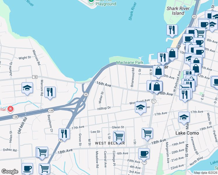 map of restaurants, bars, coffee shops, grocery stores, and more near 1217 16th Avenue in Belmar
