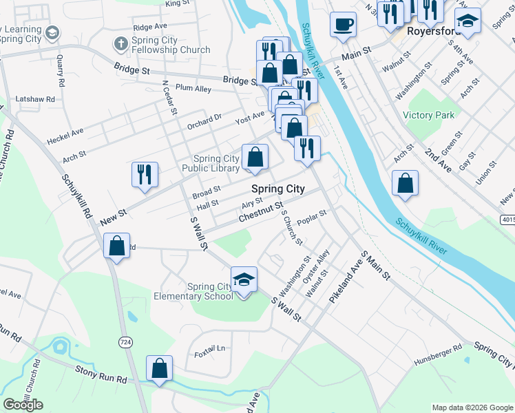 map of restaurants, bars, coffee shops, grocery stores, and more near 247 Chestnut Street in Spring City