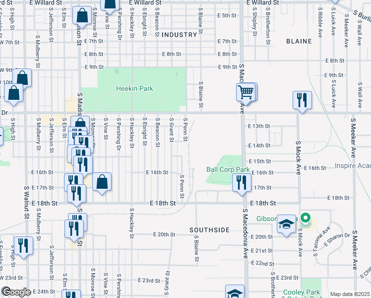 map of restaurants, bars, coffee shops, grocery stores, and more near 2100 South Penn Street in Muncie