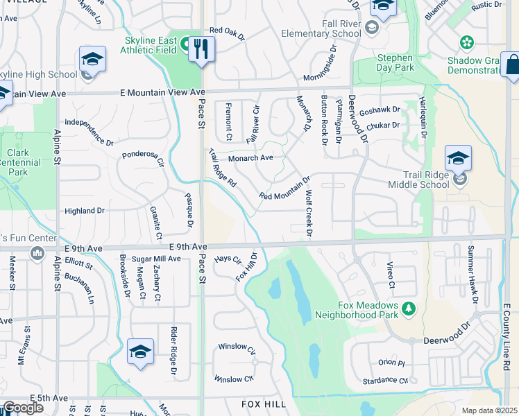 map of restaurants, bars, coffee shops, grocery stores, and more near 1322 Trail Ridge Road in Longmont