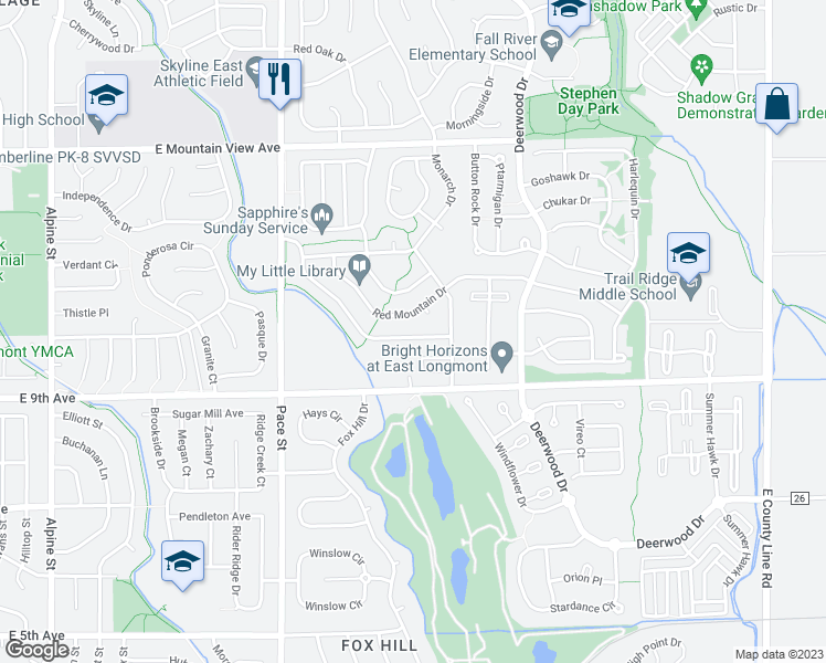 map of restaurants, bars, coffee shops, grocery stores, and more near 1350 Trail Ridge Road in Longmont