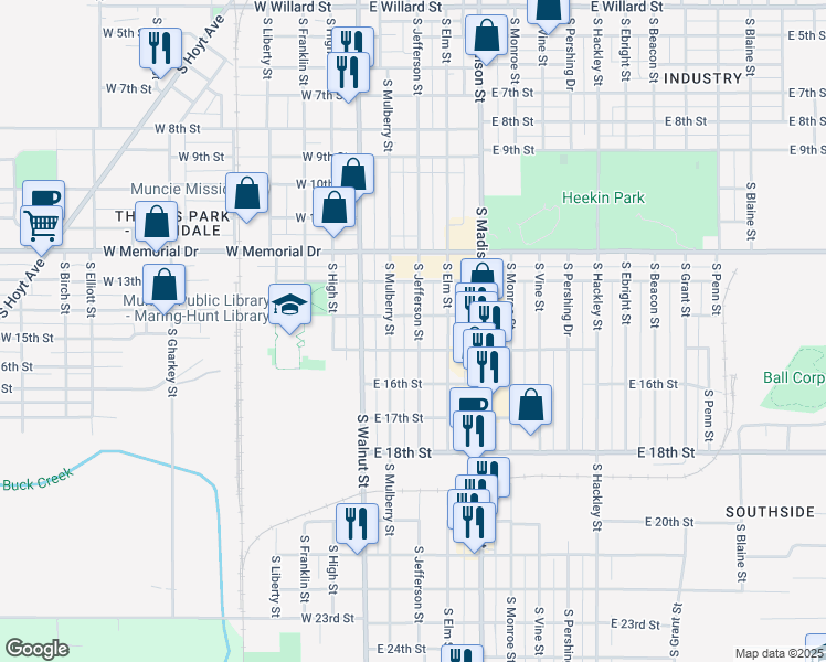 map of restaurants, bars, coffee shops, grocery stores, and more near 2111 South Jefferson Street in Muncie