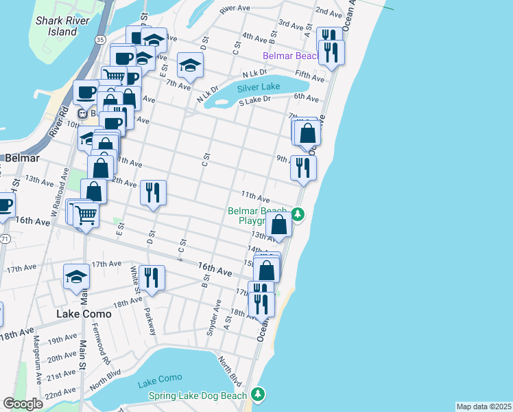 map of restaurants, bars, coffee shops, grocery stores, and more near 115 11th Avenue in Belmar
