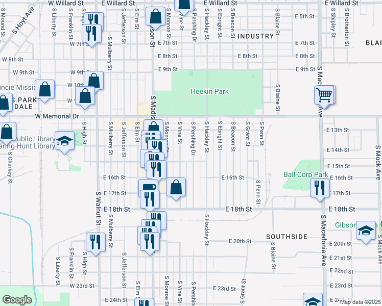 map of restaurants, bars, coffee shops, grocery stores, and more near 2105 South Pershing Drive in Muncie