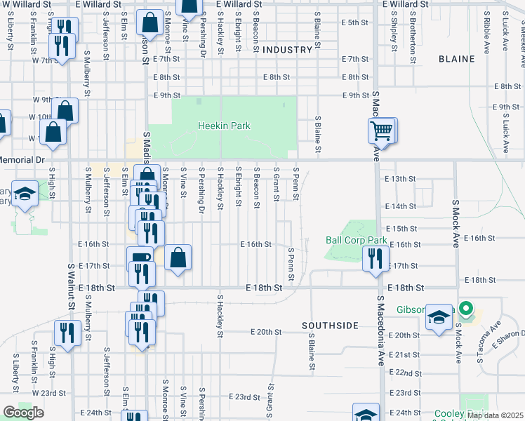 map of restaurants, bars, coffee shops, grocery stores, and more near 2107 South Grant Street in Muncie