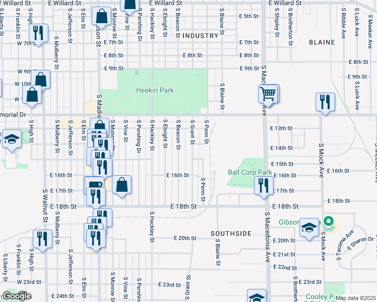 map of restaurants, bars, coffee shops, grocery stores, and more near 2107 South Grant Street in Muncie