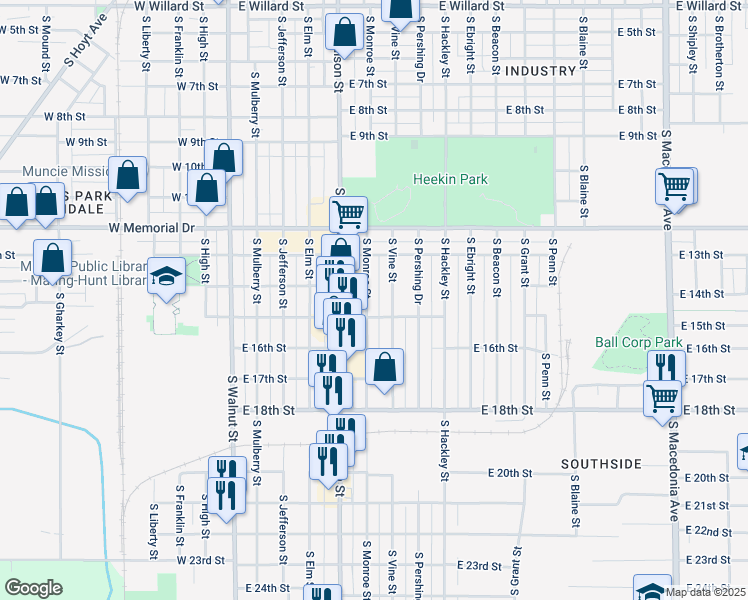 map of restaurants, bars, coffee shops, grocery stores, and more near 2108 South Monroe Street in Muncie