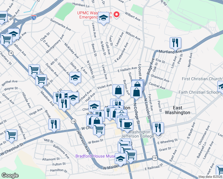 map of restaurants, bars, coffee shops, grocery stores, and more near 335 North Main Street in Washington