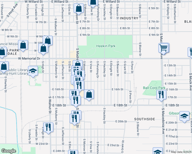 map of restaurants, bars, coffee shops, grocery stores, and more near 2105 South Pershing Drive in Muncie