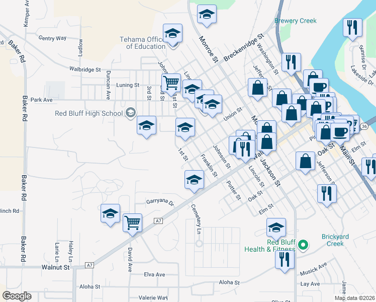 map of restaurants, bars, coffee shops, grocery stores, and more near 1038 1st Street in Red Bluff
