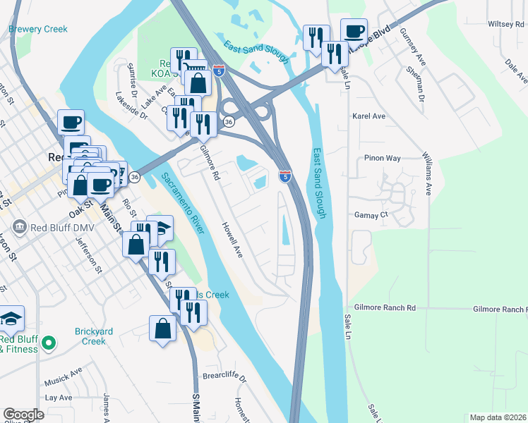 map of restaurants, bars, coffee shops, grocery stores, and more near 75 Mina Avenue in Red Bluff