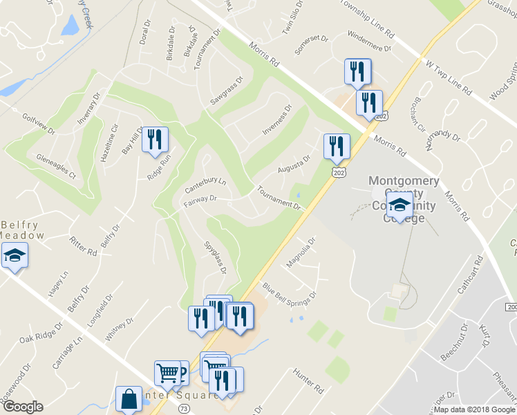 map of restaurants, bars, coffee shops, grocery stores, and more near 111 Saint Andrews Way in Blue Bell