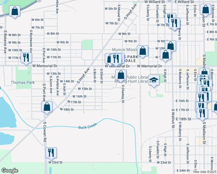 map of restaurants, bars, coffee shops, grocery stores, and more near 922 West 15th Street in Muncie