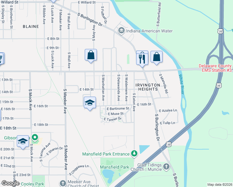 map of restaurants, bars, coffee shops, grocery stores, and more near 2106 South Biltmore Avenue in Muncie
