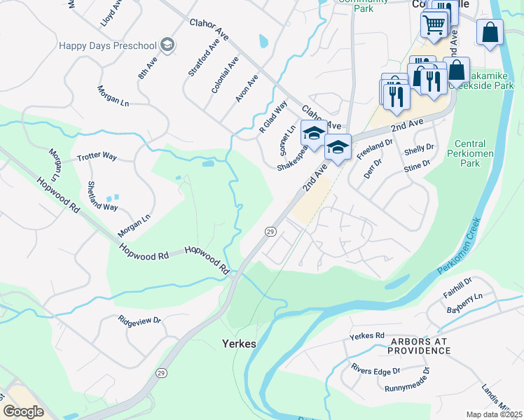 map of restaurants, bars, coffee shops, grocery stores, and more near 1747 South Collegeville Road in Collegeville