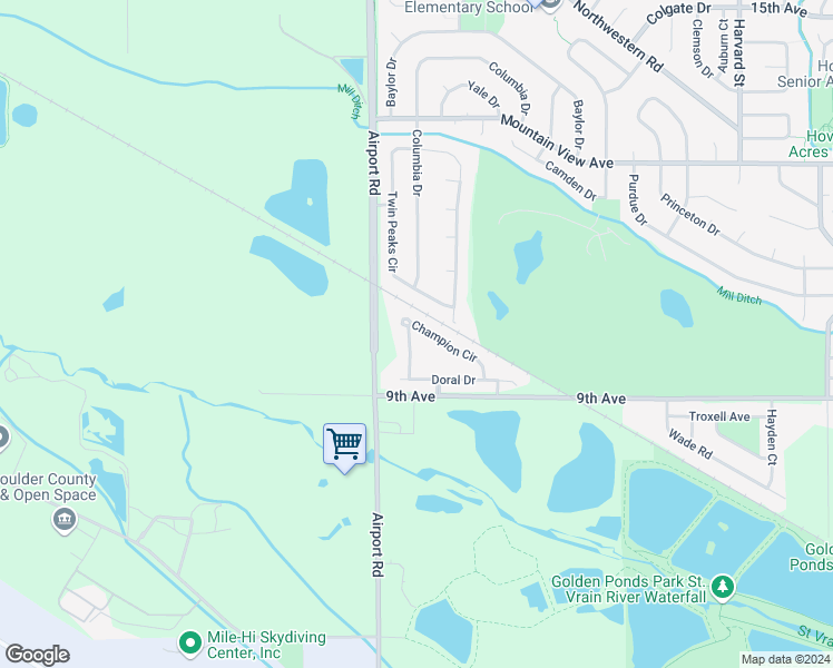 map of restaurants, bars, coffee shops, grocery stores, and more near 1036 Champion Circle in Longmont