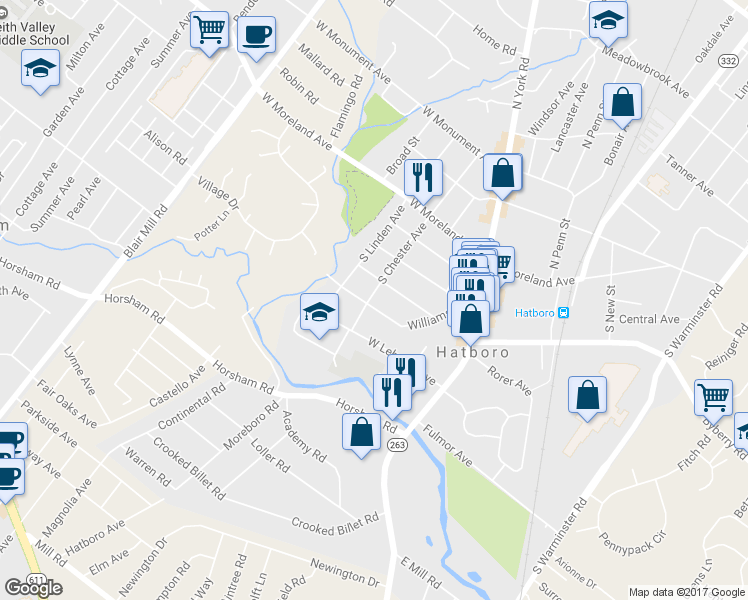 map of restaurants, bars, coffee shops, grocery stores, and more near 86 Williams Lane in Hatboro
