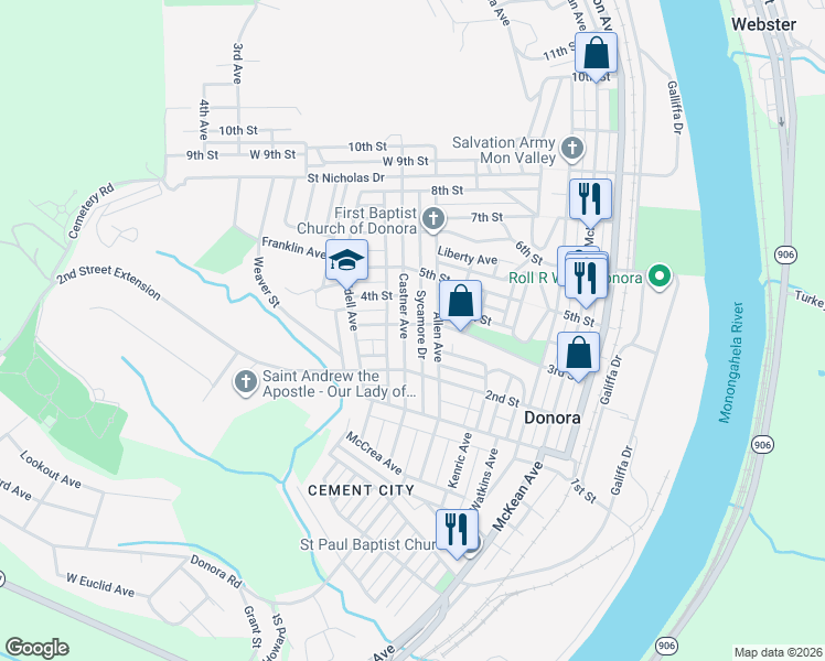 map of restaurants, bars, coffee shops, grocery stores, and more near 527 3rd Street in Donora