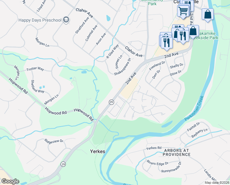 map of restaurants, bars, coffee shops, grocery stores, and more near 1755 South Collegeville Road in Collegeville