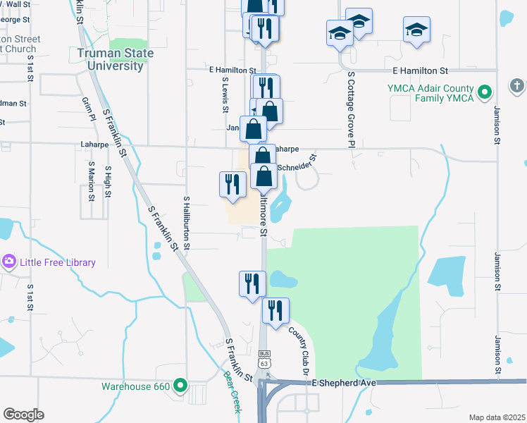 map of restaurants, bars, coffee shops, grocery stores, and more near 2206 South Baltimore Street in Kirksville