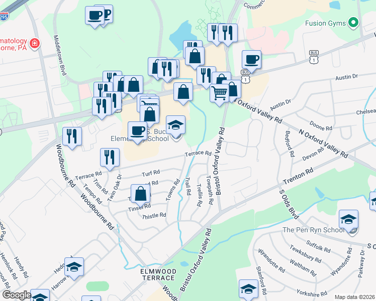 map of restaurants, bars, coffee shops, grocery stores, and more near 139 Terrace Road in Levittown