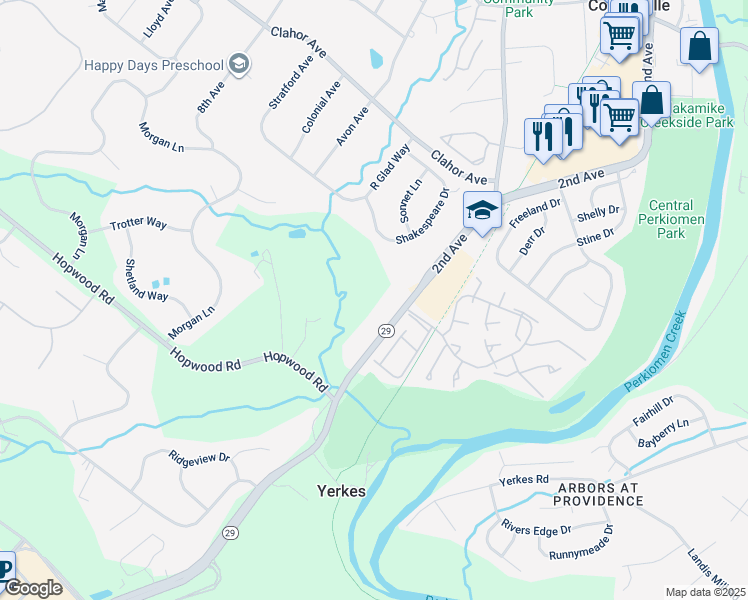 map of restaurants, bars, coffee shops, grocery stores, and more near 1747 South Collegeville Road in Collegeville
