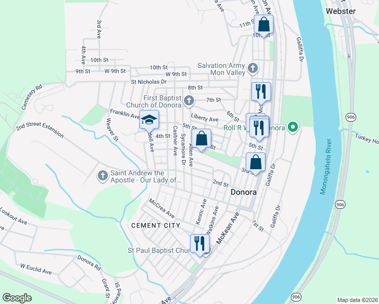 map of restaurants, bars, coffee shops, grocery stores, and more near 457 3rd Street in Donora