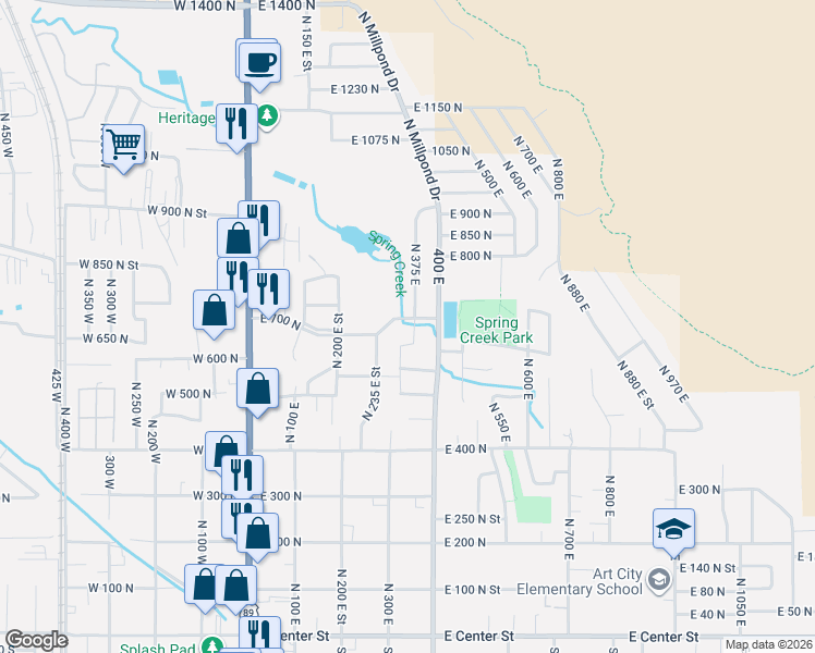 map of restaurants, bars, coffee shops, grocery stores, and more near 368 East 700 North in Springville