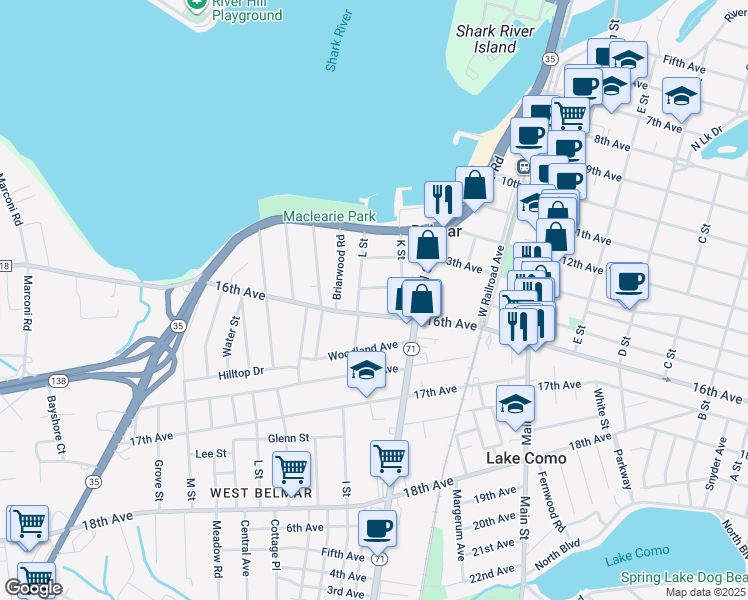 map of restaurants, bars, coffee shops, grocery stores, and more near 920 16th Avenue in Belmar