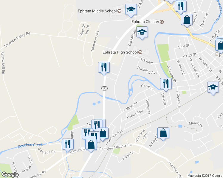 map of restaurants, bars, coffee shops, grocery stores, and more near 172 Old Mill Road in Ephrata