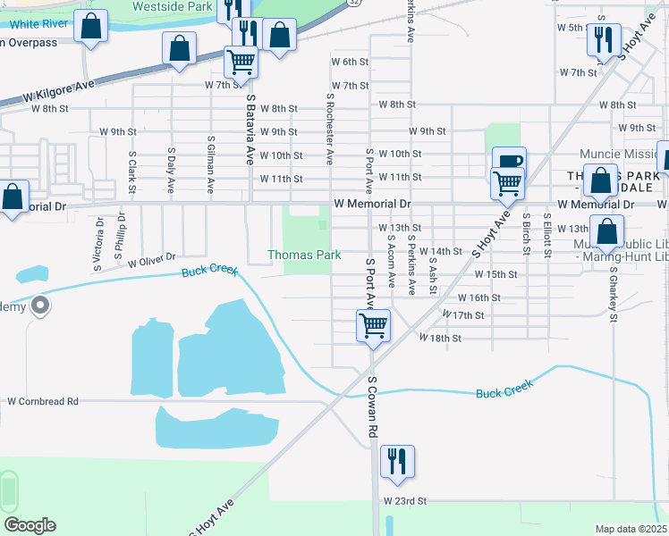 map of restaurants, bars, coffee shops, grocery stores, and more near 1820 West 15th Street in Muncie