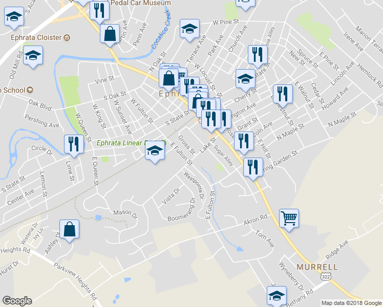 map of restaurants, bars, coffee shops, grocery stores, and more near 123 Gross Street in Ephrata