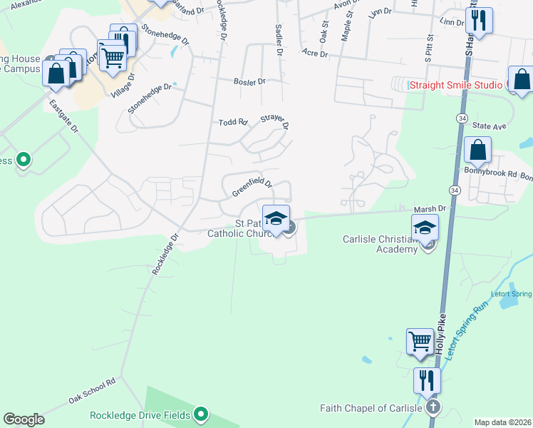 map of restaurants, bars, coffee shops, grocery stores, and more near 3 Wexford Court in Carlisle