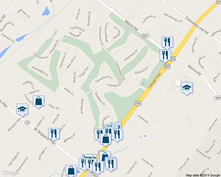 map of restaurants, bars, coffee shops, grocery stores, and more near 332 Saint Andrews Place in Blue Bell