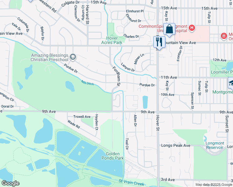 map of restaurants, bars, coffee shops, grocery stores, and more near 971 Reynolds Farm Lane in Longmont