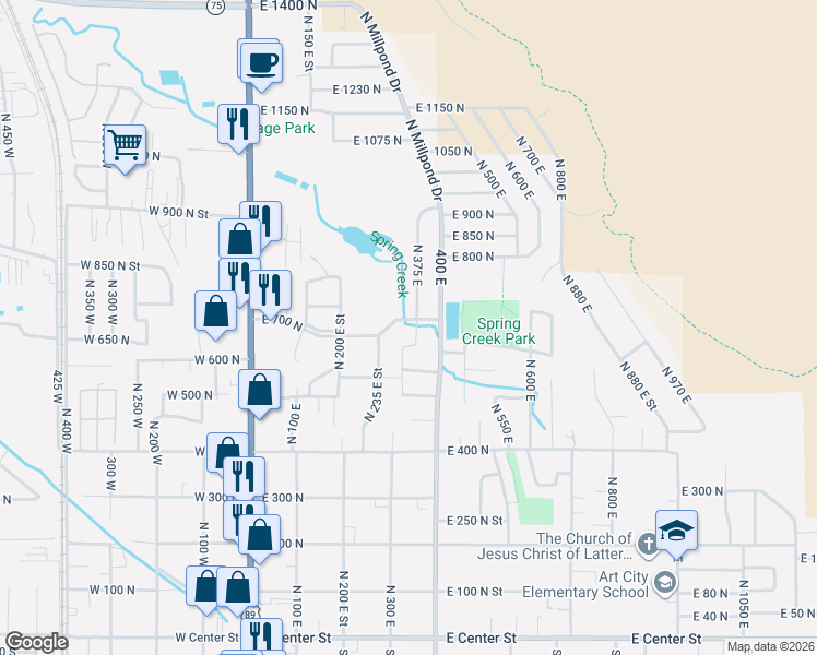 map of restaurants, bars, coffee shops, grocery stores, and more near 344 700 North in Springville