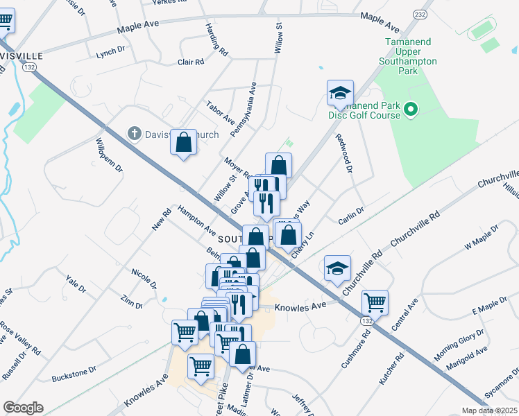 map of restaurants, bars, coffee shops, grocery stores, and more near 746 Pennsylvania 232 in Southampton