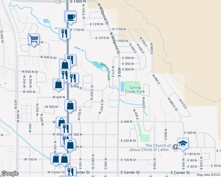 map of restaurants, bars, coffee shops, grocery stores, and more near 368 East 700 North in Springville