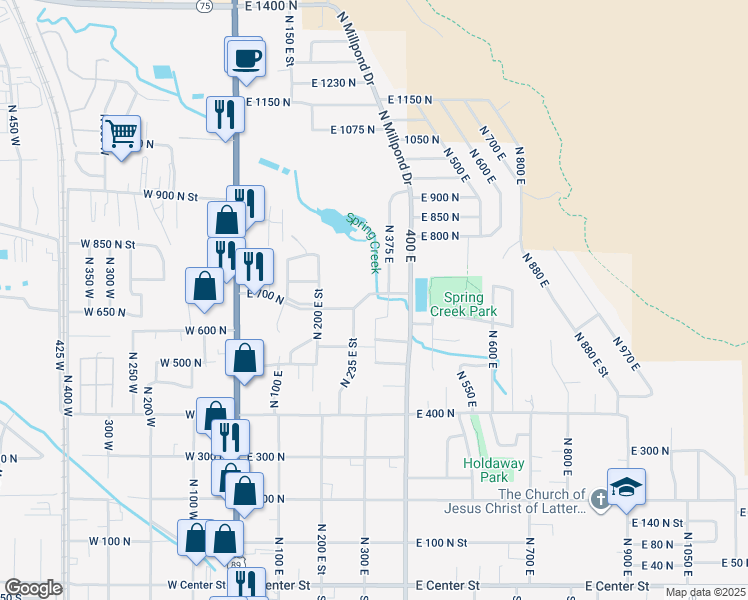map of restaurants, bars, coffee shops, grocery stores, and more near 344 East 700 North in Springville