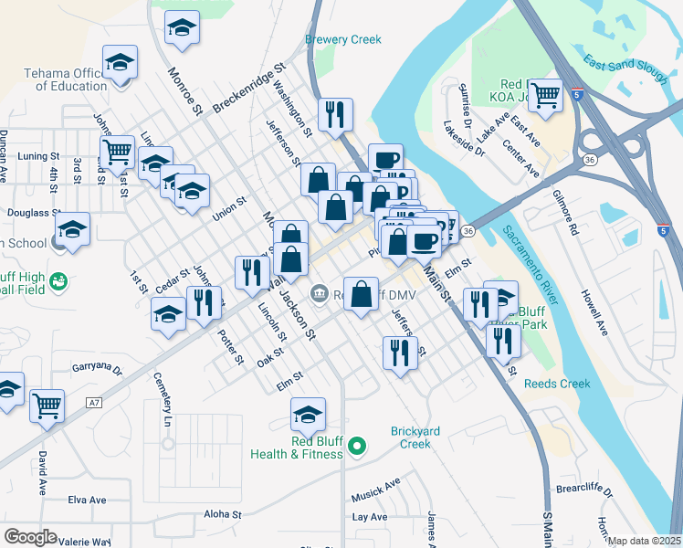 map of restaurants, bars, coffee shops, grocery stores, and more near 600 Pine Street in Red Bluff