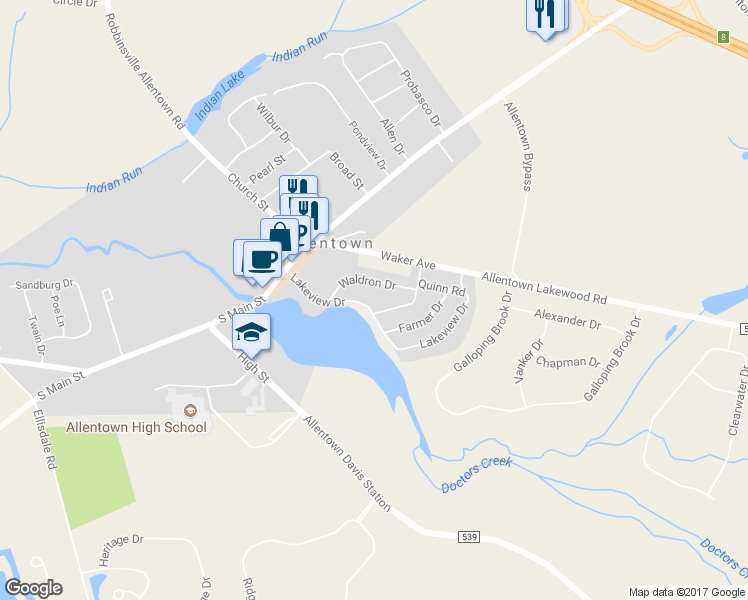map of restaurants, bars, coffee shops, grocery stores, and more near 52 Lakeview Drive in Allentown