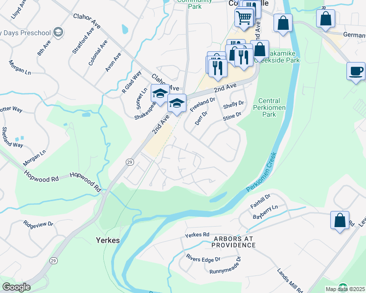 map of restaurants, bars, coffee shops, grocery stores, and more near 79 Fir Drive in Collegeville